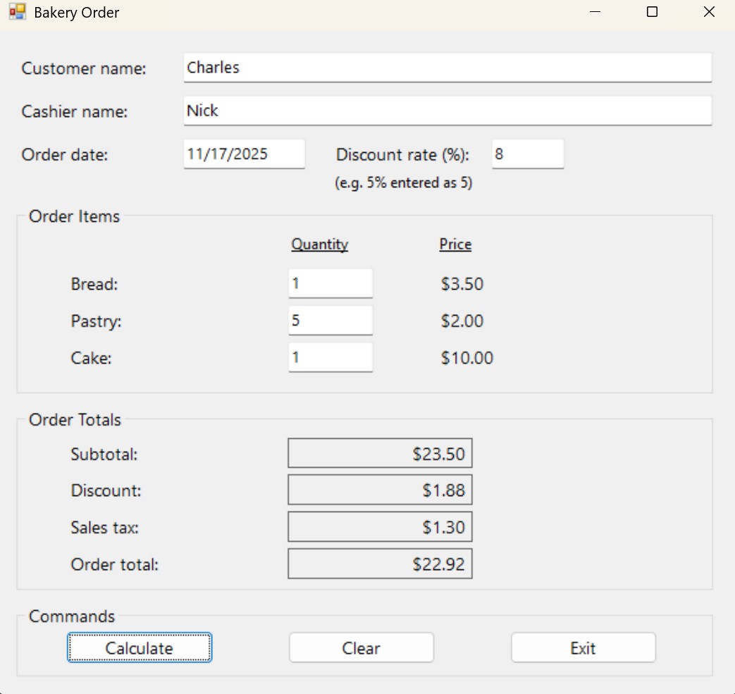Bakery order form with example values showing subtotal, tax, discount and total.
