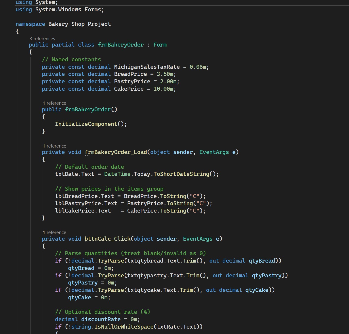 Screenshot of Bakery order form C# code-behind.