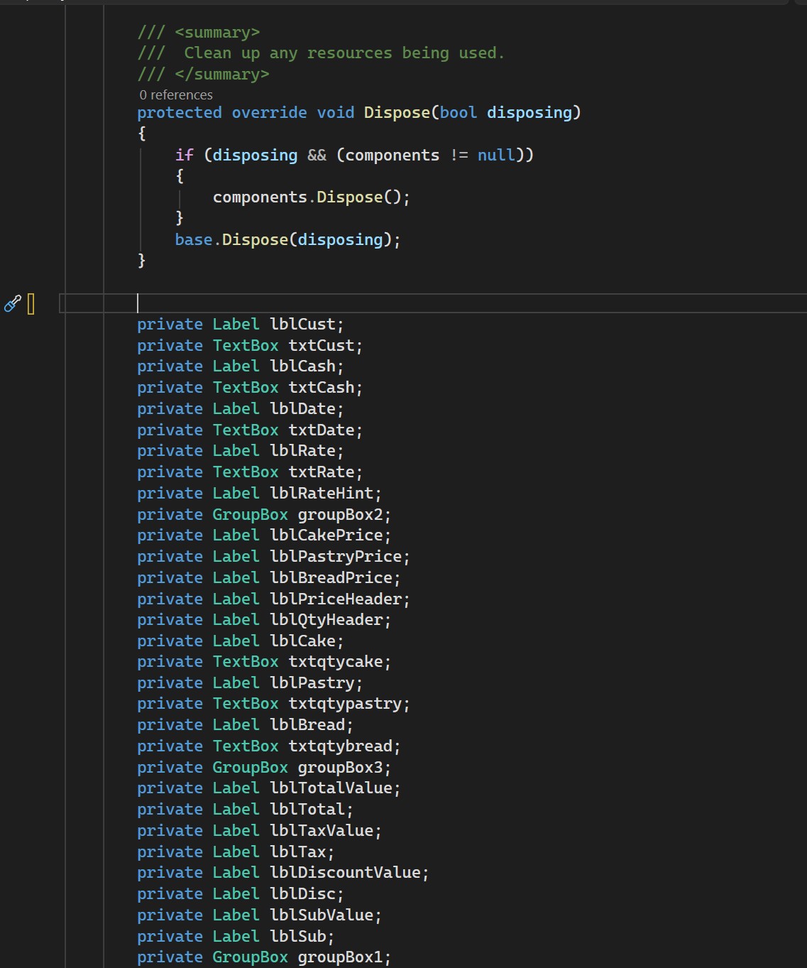 Screenshot of Bakery order form designer code in C#.
