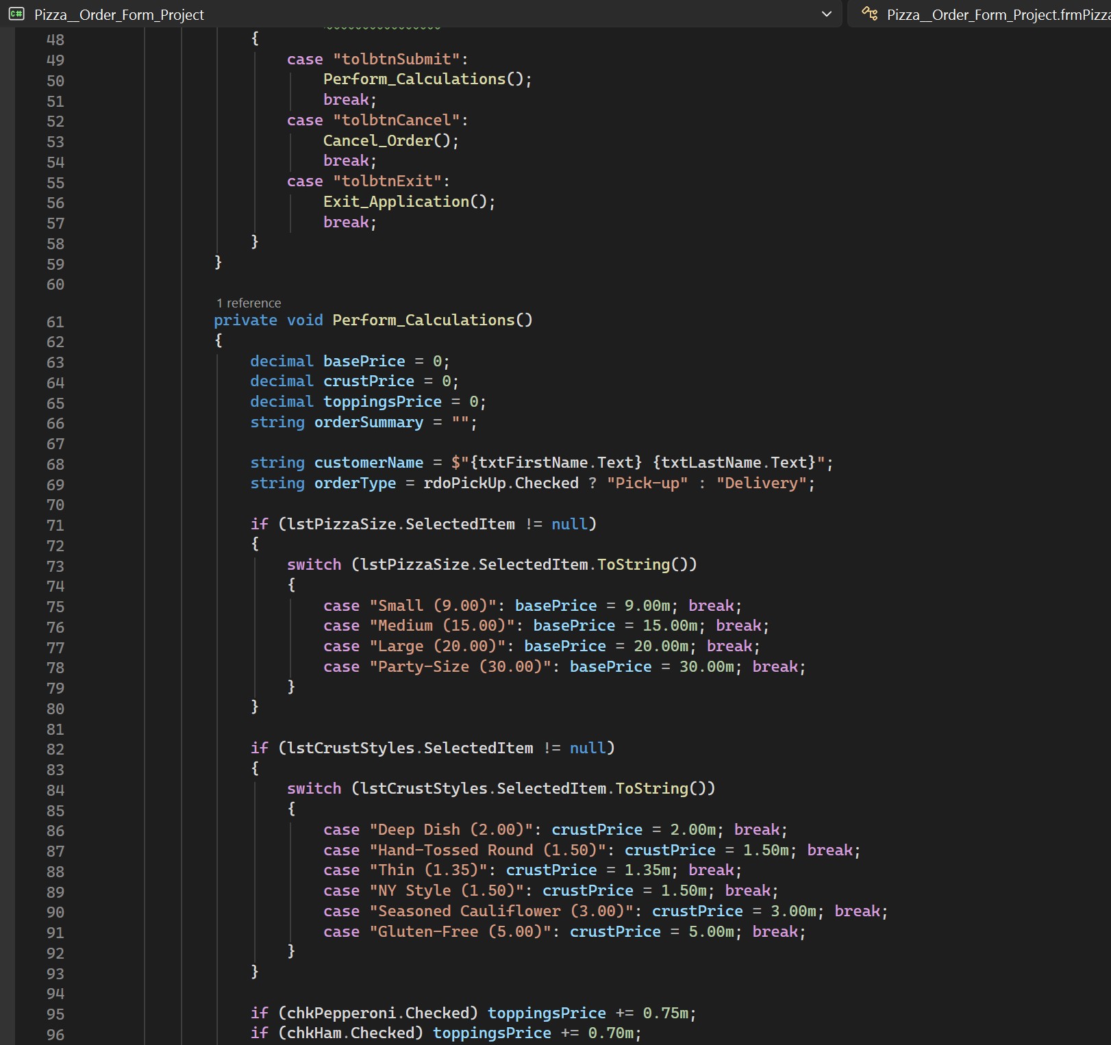 Screenshot of Pizza order form C# code-behind.