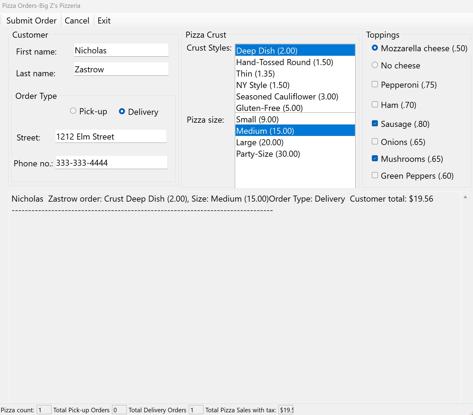 Pizza order form with example values showing final order summary and total.