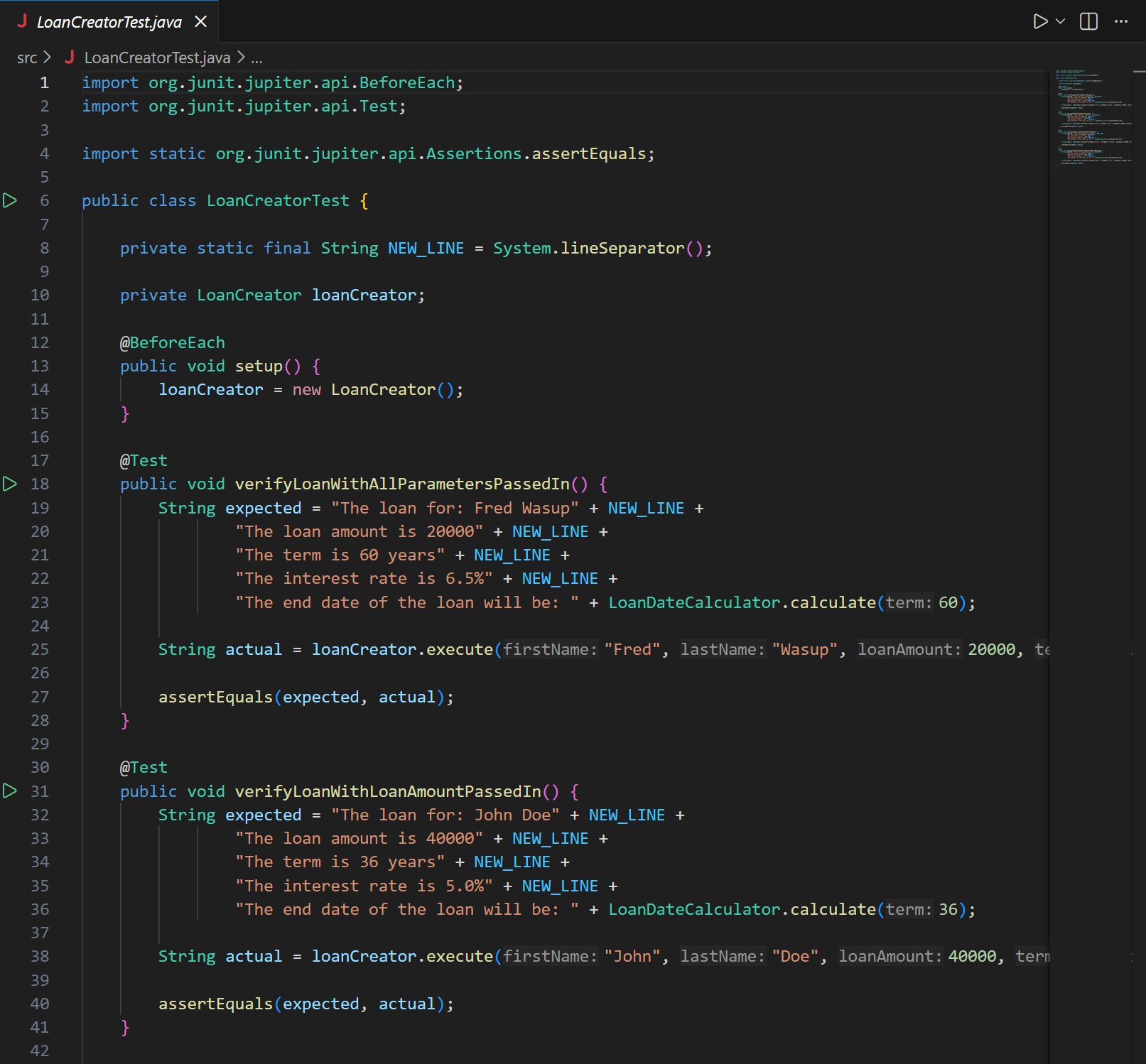 Screenshot of the loan test logic in Java.