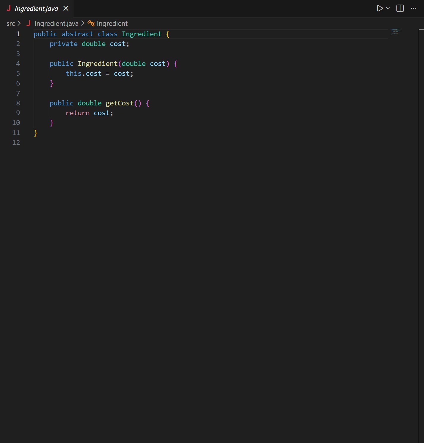 Screenshot of the Ingredient base class in Java.