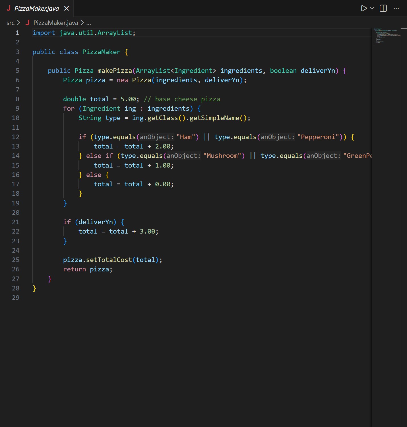 Screenshot of the PizzaMaker Java class in VS Code.
