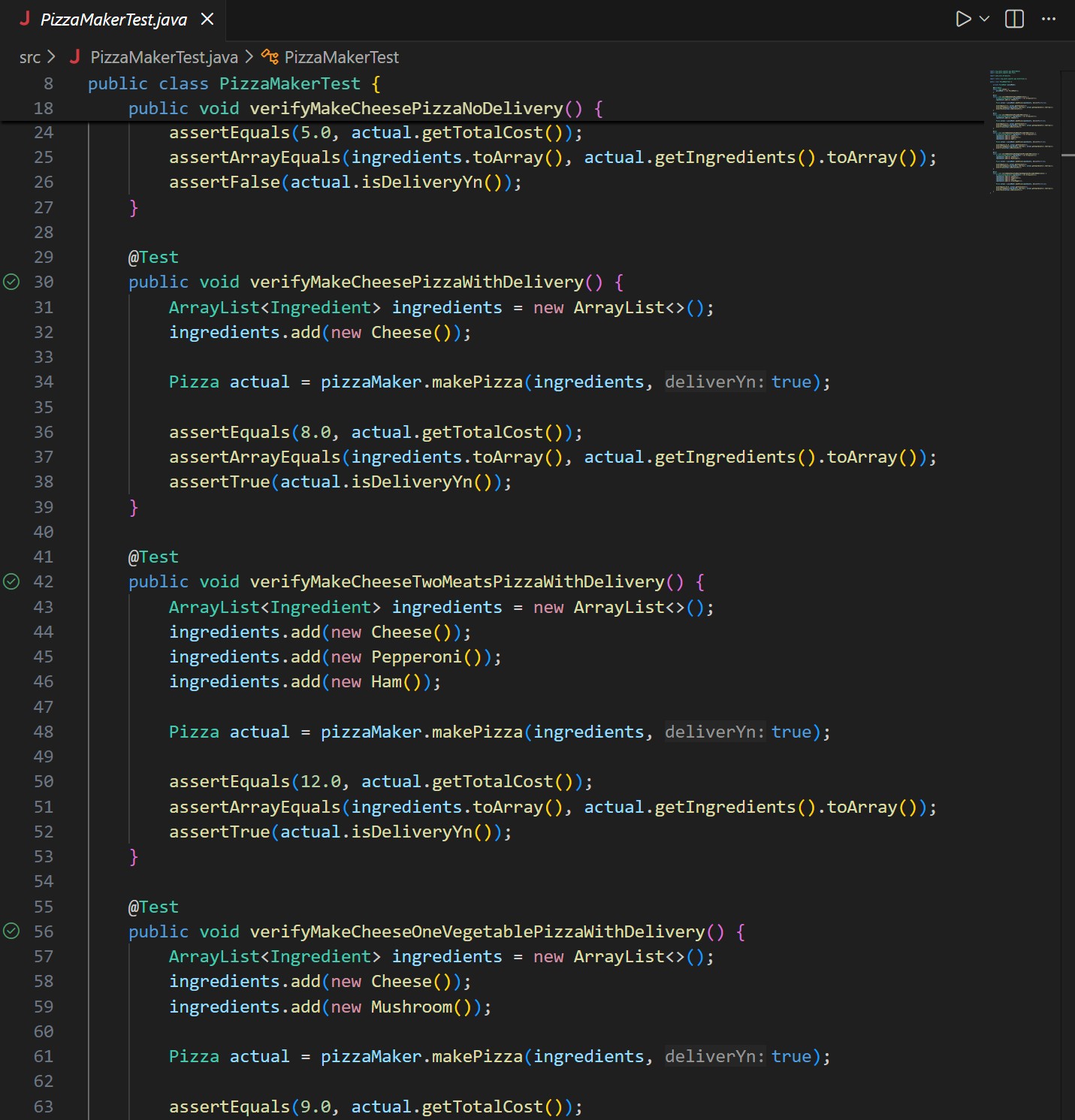 Screenshot of the PizzaMaker test logic in Java.
