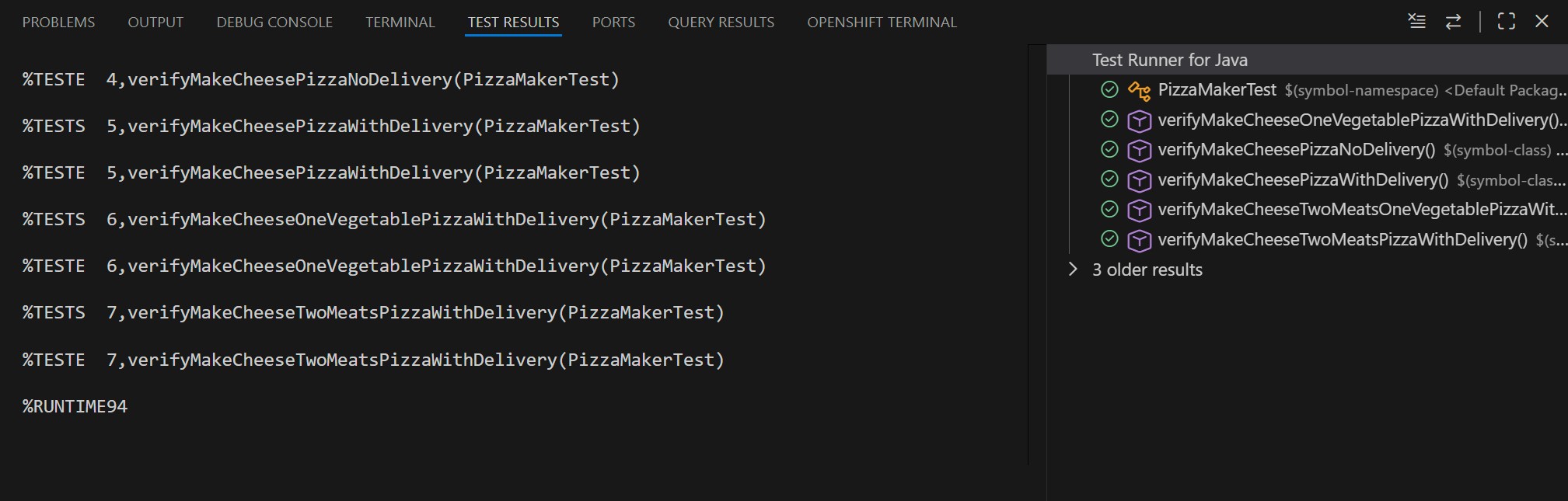 Screenshot of PizzaMaker test runner console output.