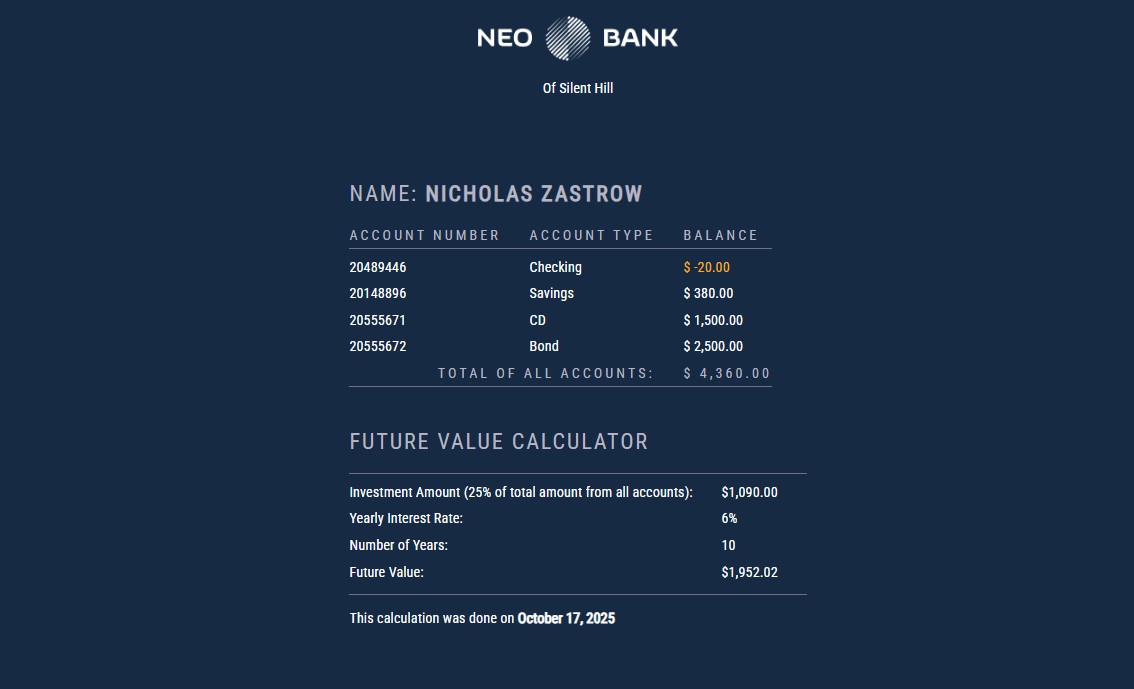 Screenshot of a PHP page showing account information in a table.