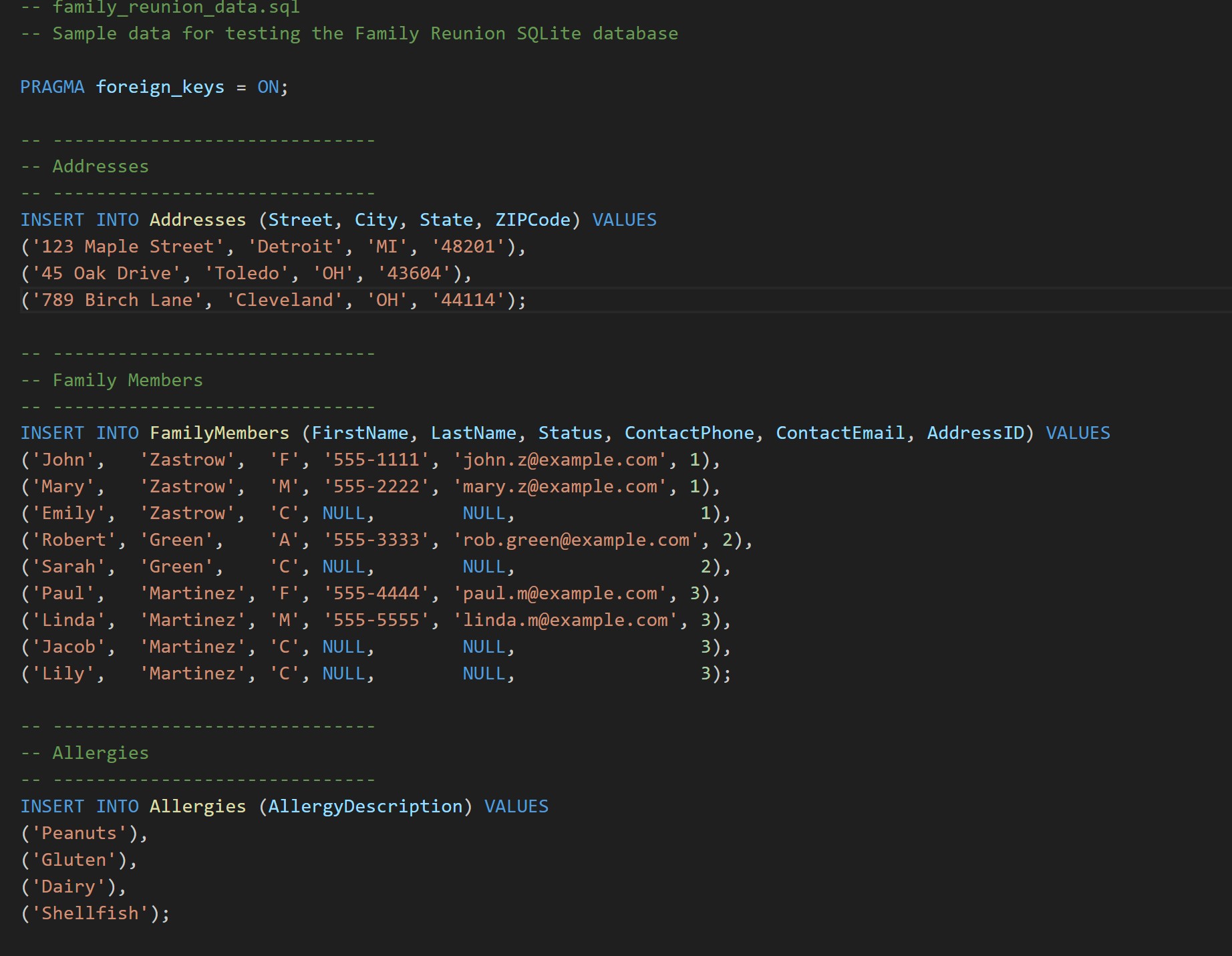 Insert statements for family reunion database sample data.