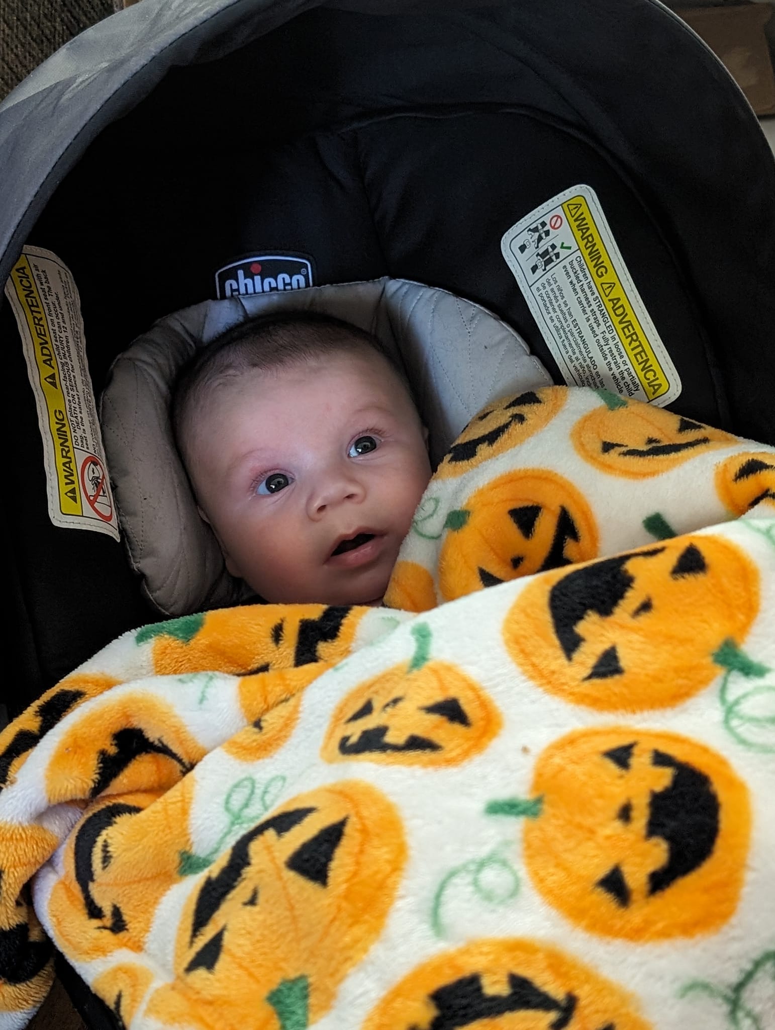 Baby August wrapped in a pumpkin blanket